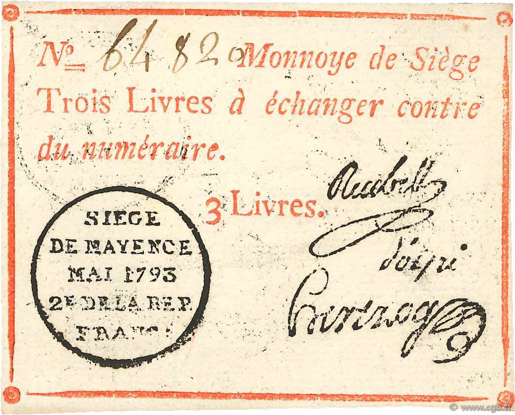3 Livres FRANCE Regionalismus und verschiedenen Mayence 1793 Kol.029 fST