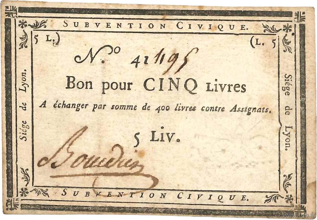 5 Livres FRANCE regionalism and miscellaneous Lyon 1793 Kol.134a VF+