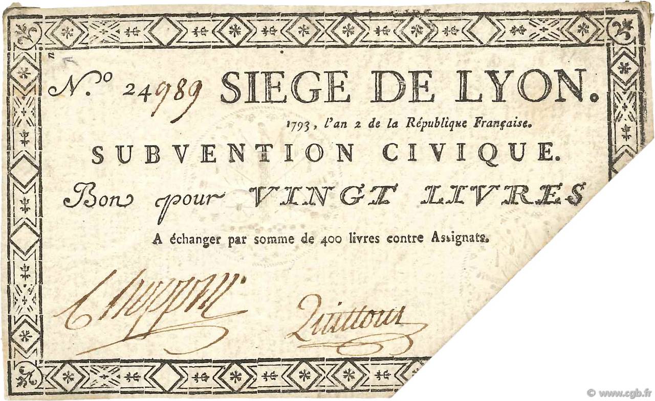 20 Livres FRANCE regionalism and miscellaneous Lyon 1793 Kol.135a VF