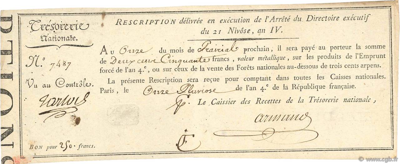 250 Francs FRANKREICH  1796 Ass.56a SS