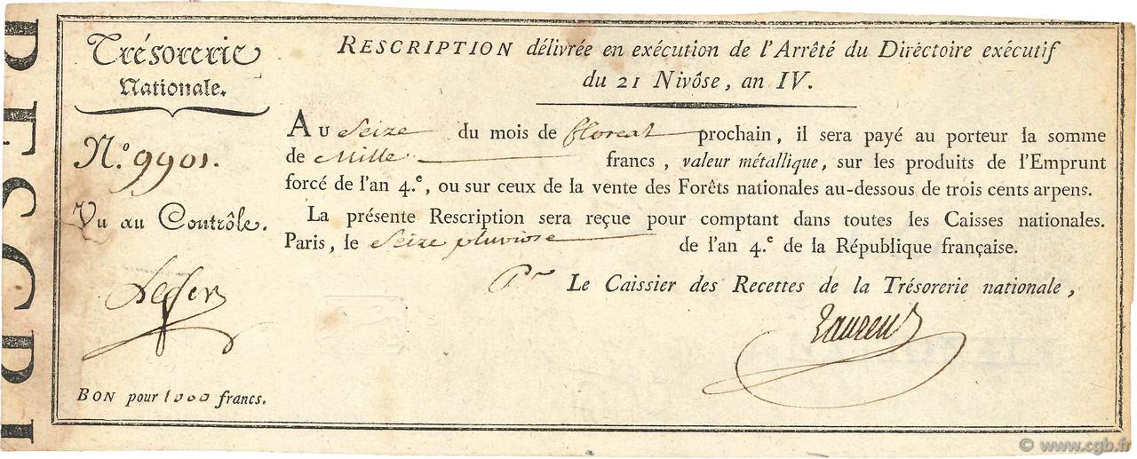 1000 Francs FRANCE  1796 Ass.58a VF