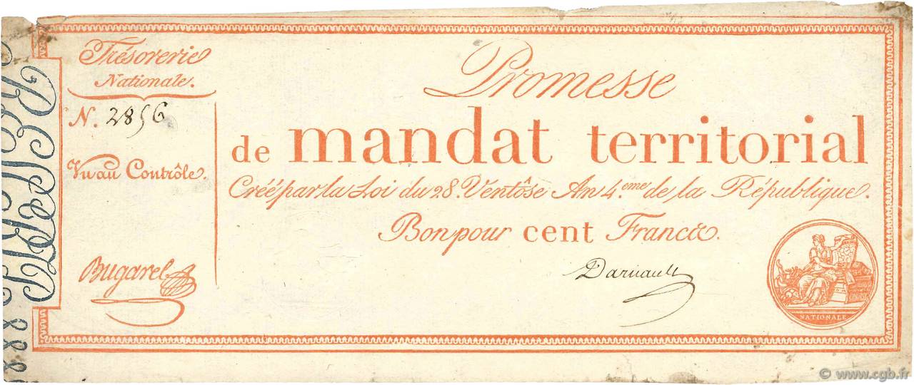 100 Francs sans série FRANCE  1796 Ass.60a VF