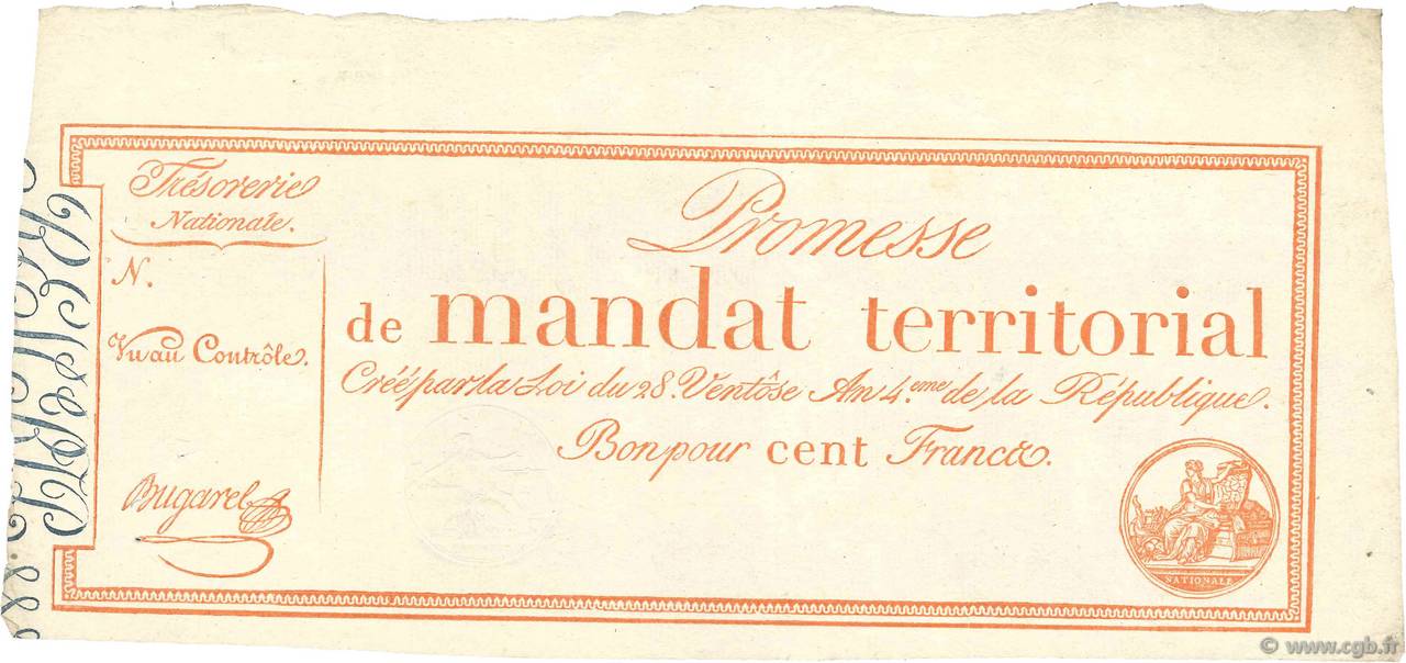 100 Francs sans série Vérificateur FRANCIA  1796 Ass.60v SC