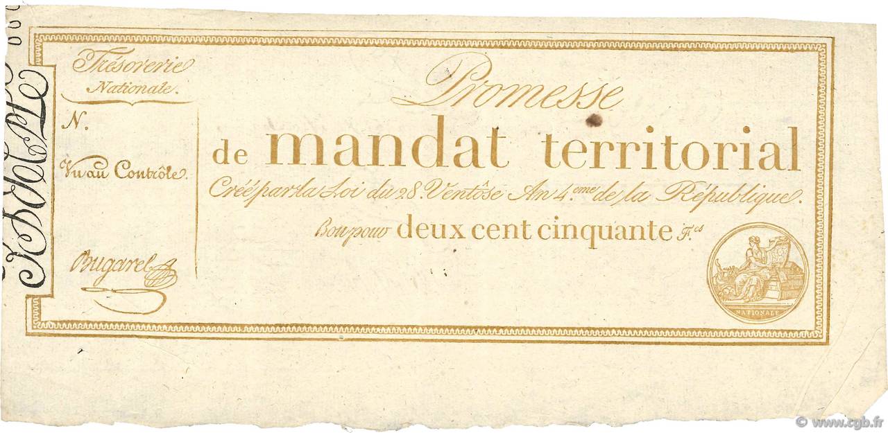 250 Francs sans série Vérificateur FRANCIA  1796 Ass.61v SPL