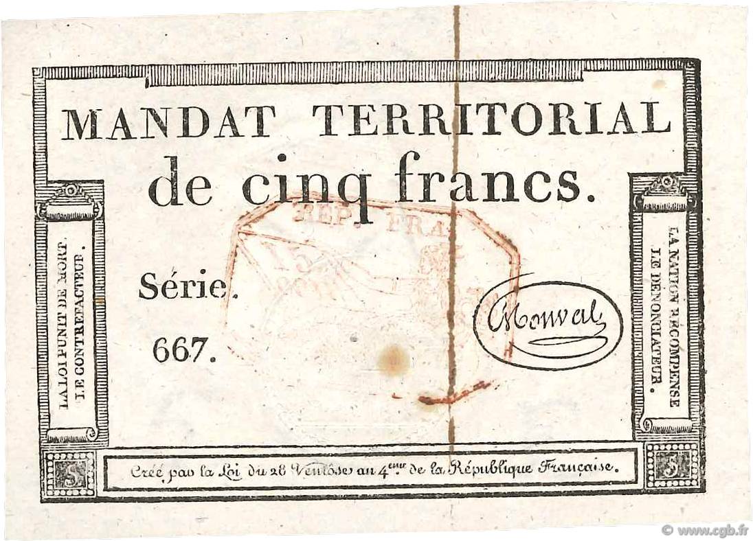 5 Francs Monval cachet rouge FRANCE  1796 Ass.63c SUP