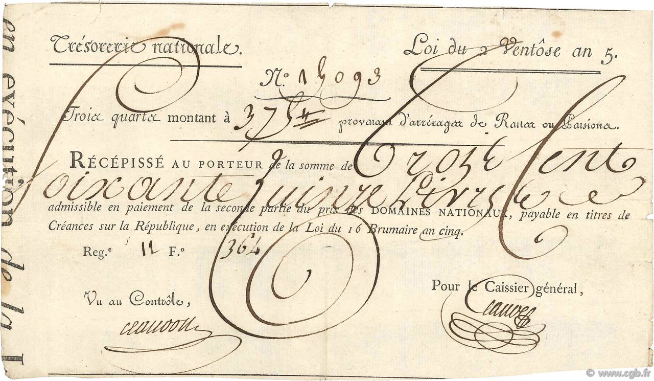 375 Livres Bon des Trois-Quarts FRANCE  1796 Laf.206 TTB