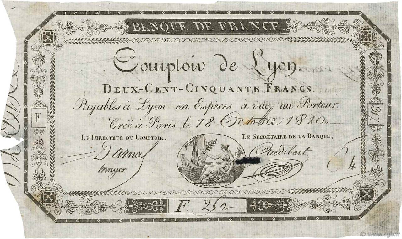 250 Francs Comptoir de Lyon Faux FRANCE  1810 F.A07var TTB