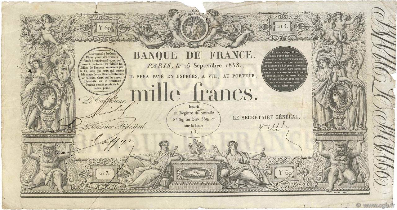 1000 Francs type 1842 Définitif FRANCIA  1853 F.A18.12 q.BB