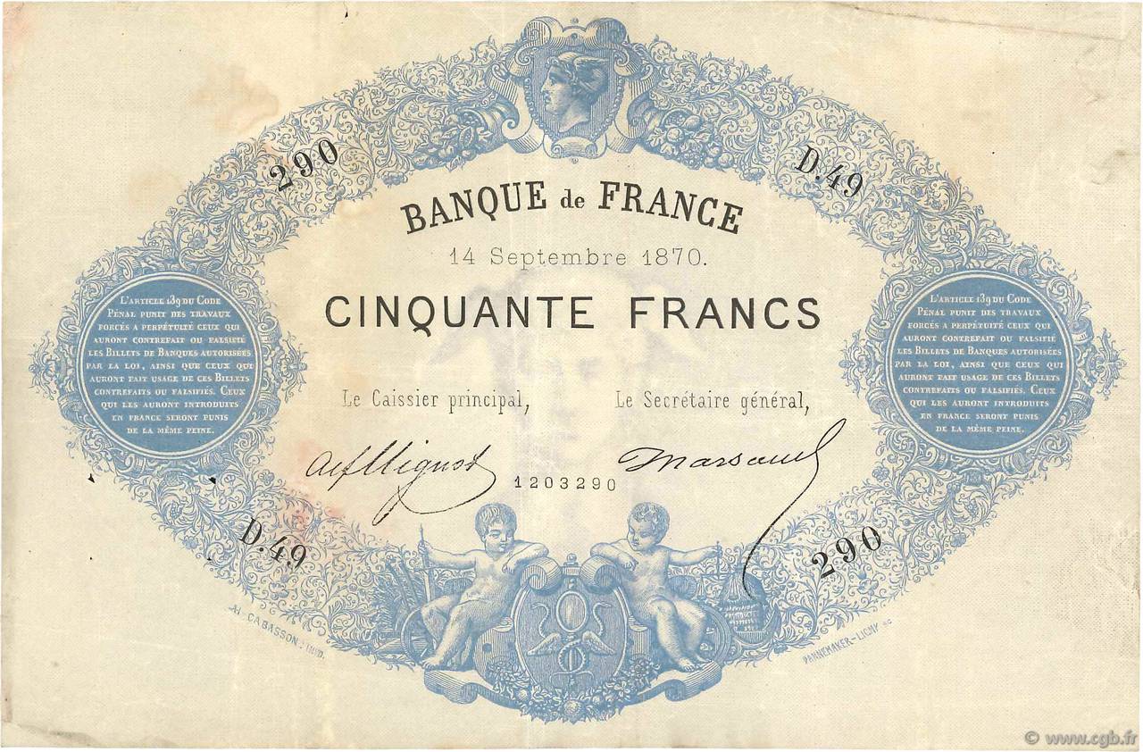 50 Francs type 1868 Indices Noirs FRANCIA  1870 F.A38.04 MBC
