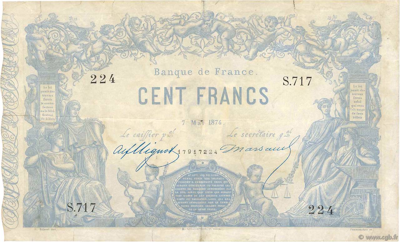 100 Francs type 1862 - Bleu à indices Noirs FRANKREICH  1874 F.A39.10 fSS