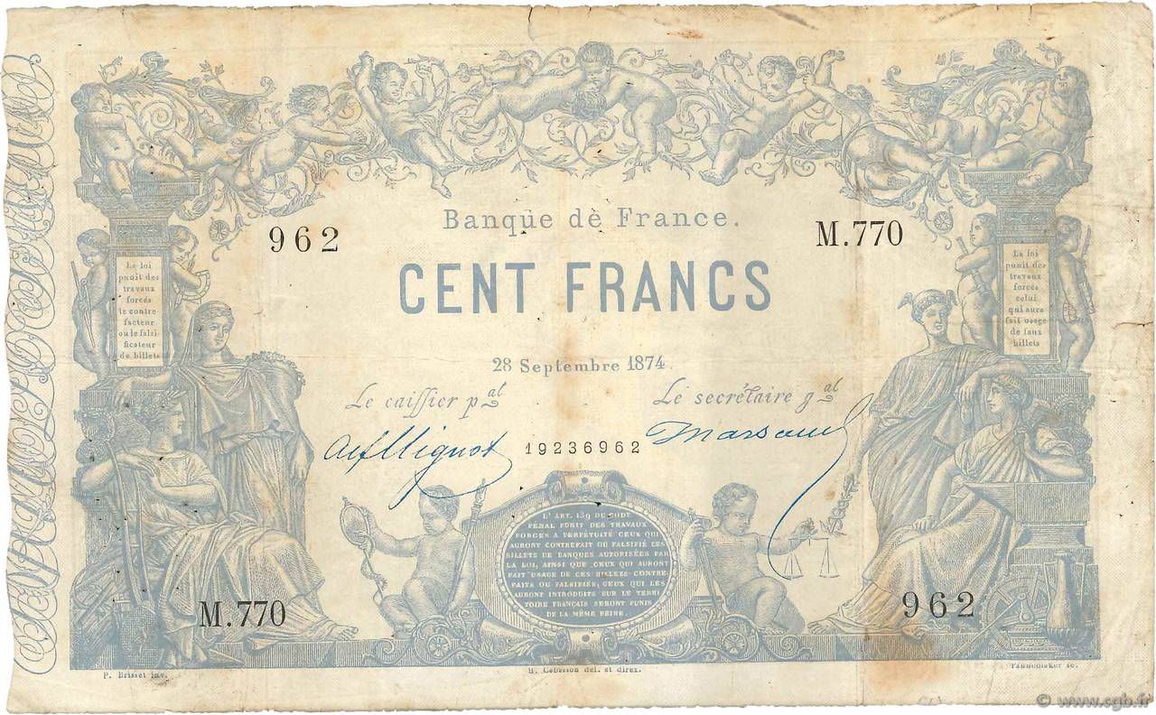 100 Francs type 1862 - Bleu à indices Noirs FRANCE  1874 F.A39.10 TB+
