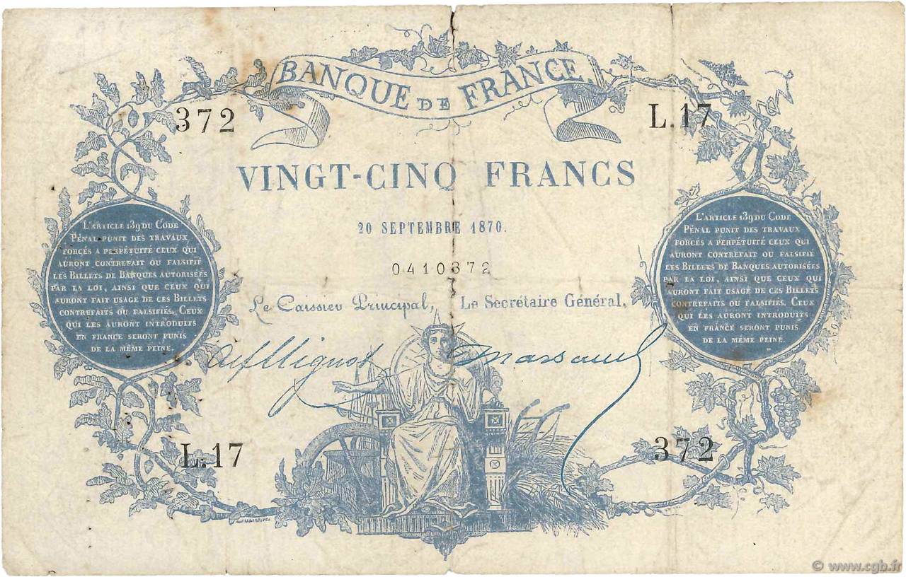 25 Francs type 1870 Paris FRANCIA  1870 F.A43.01 q.MB