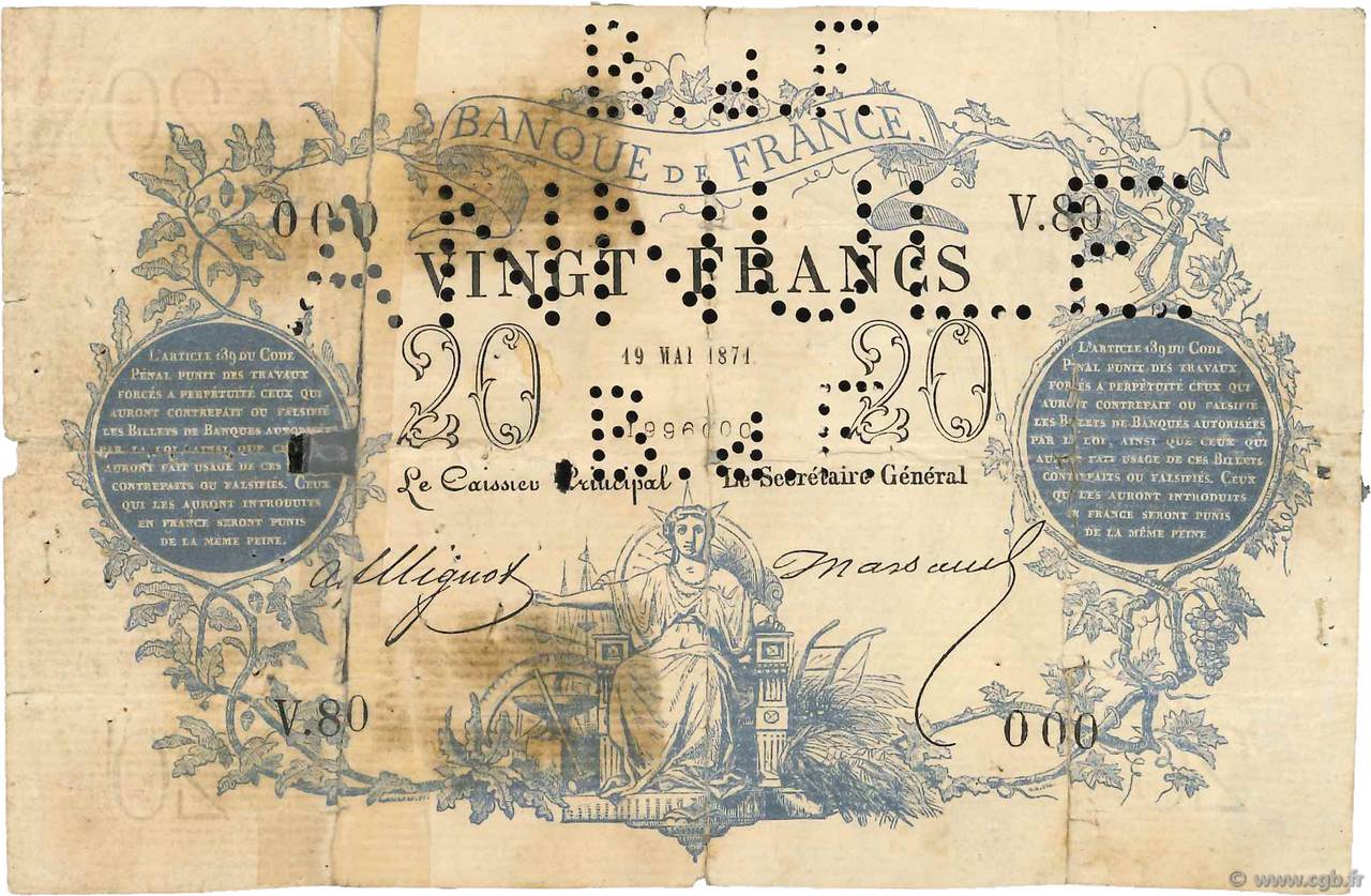 20 Francs type 1871 Annulé FRANKREICH  1871 F.A46.02 fGE