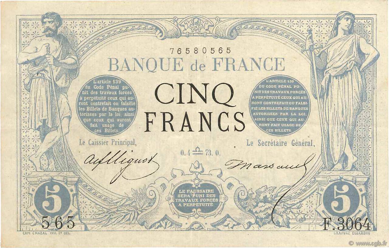 5 Francs NOIR FRANCE  1873 F.01.22 VF+