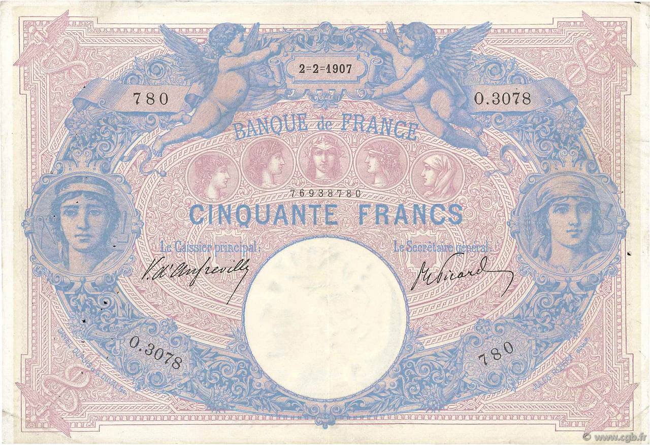 50 Francs BLEU ET ROSE FRANCE  1907 F.14.19 TTB
