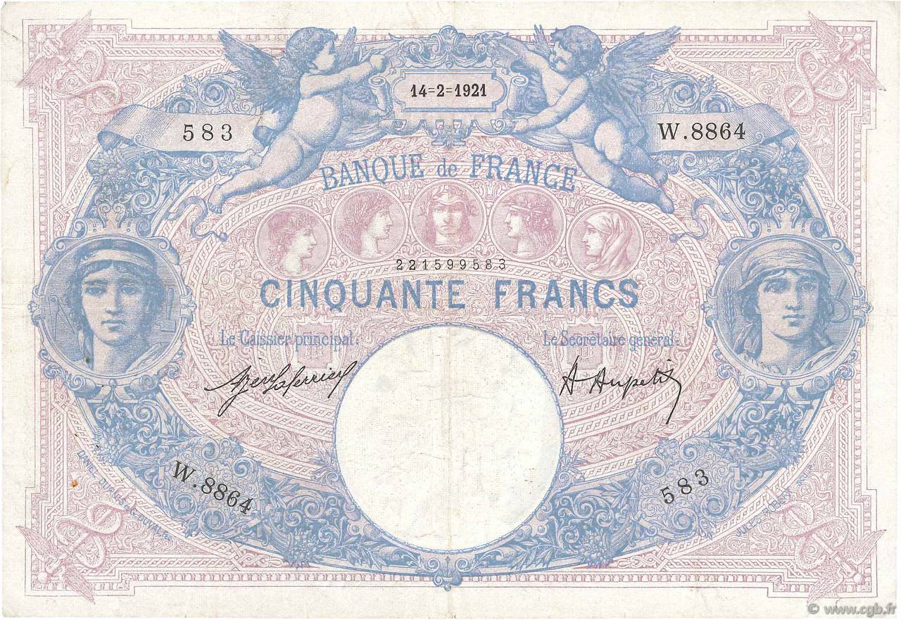 50 Francs BLEU ET ROSE FRANCE  1921 F.14.34 VF-