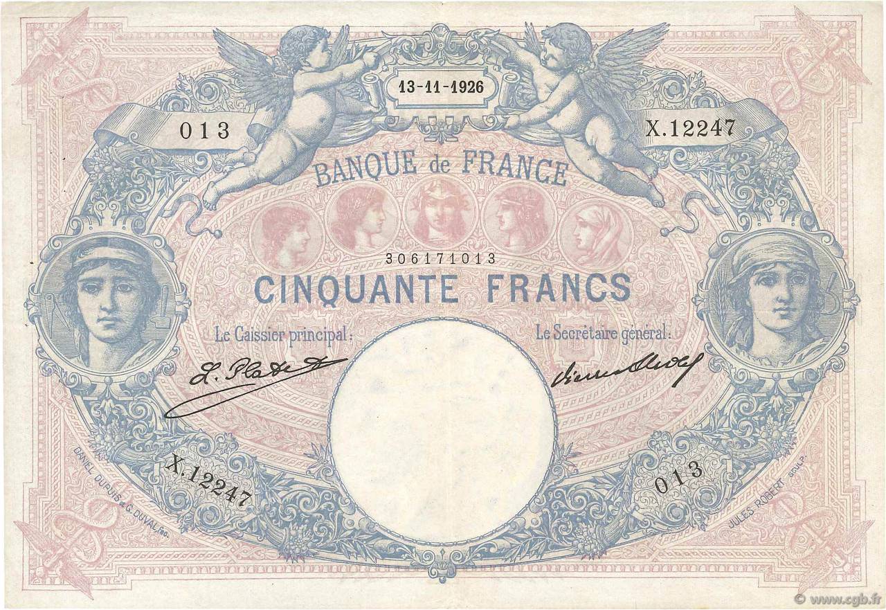 50 Francs BLEU ET ROSE FRANCE  1926 F.14.39 TTB