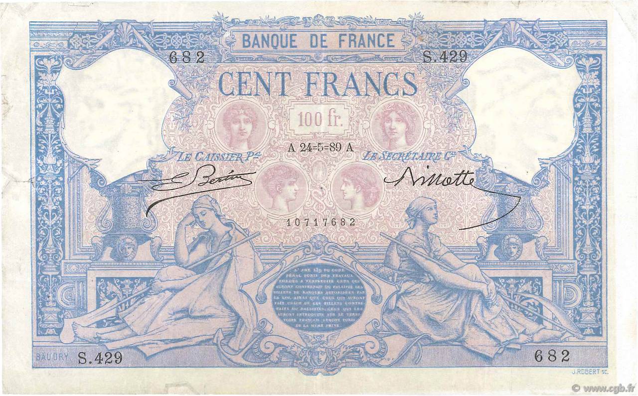 100 Francs BLEU ET ROSE FRANCE  1889 F.21.02a TB