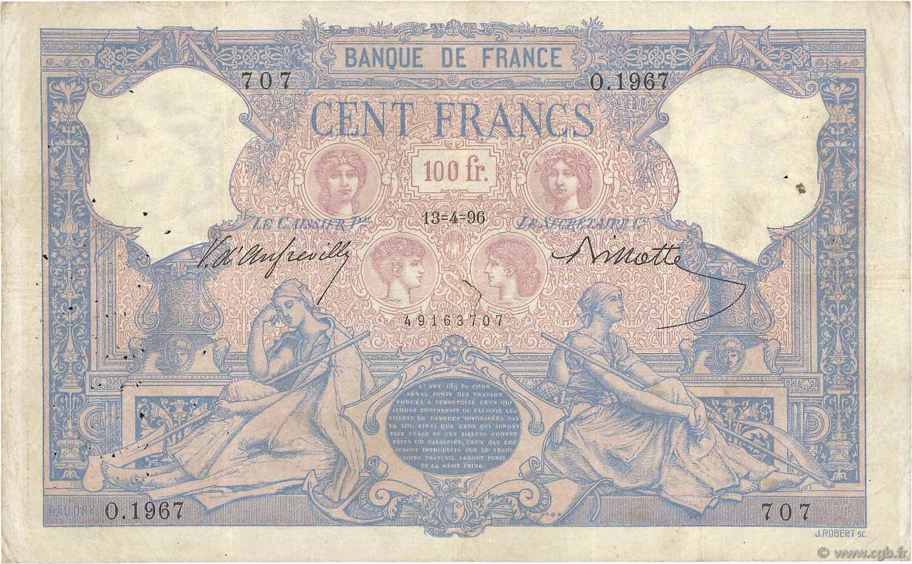 100 Francs BLEU ET ROSE FRANCE  1896 F.21.09 VG