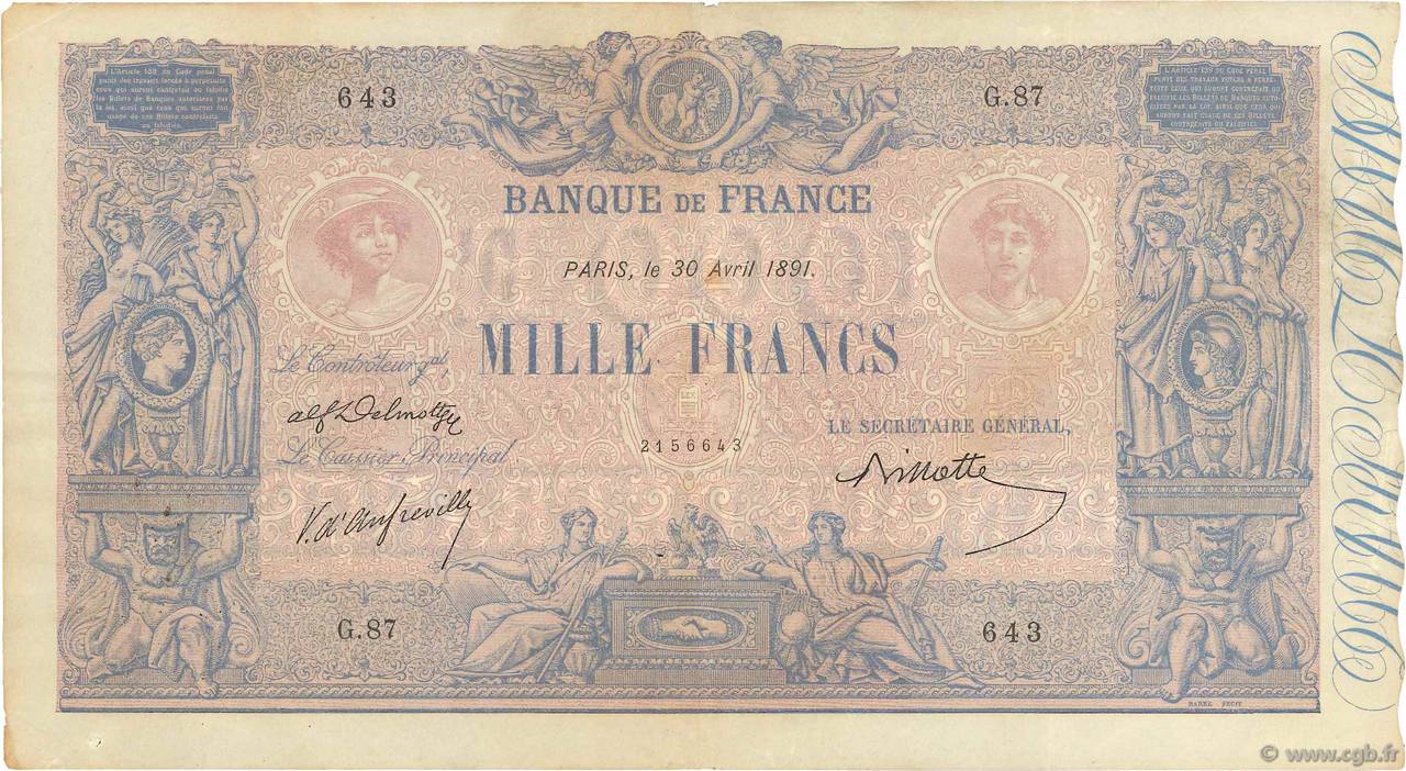 1000 Francs BLEU ET ROSE FRANCIA  1891 F.36.03 BC+