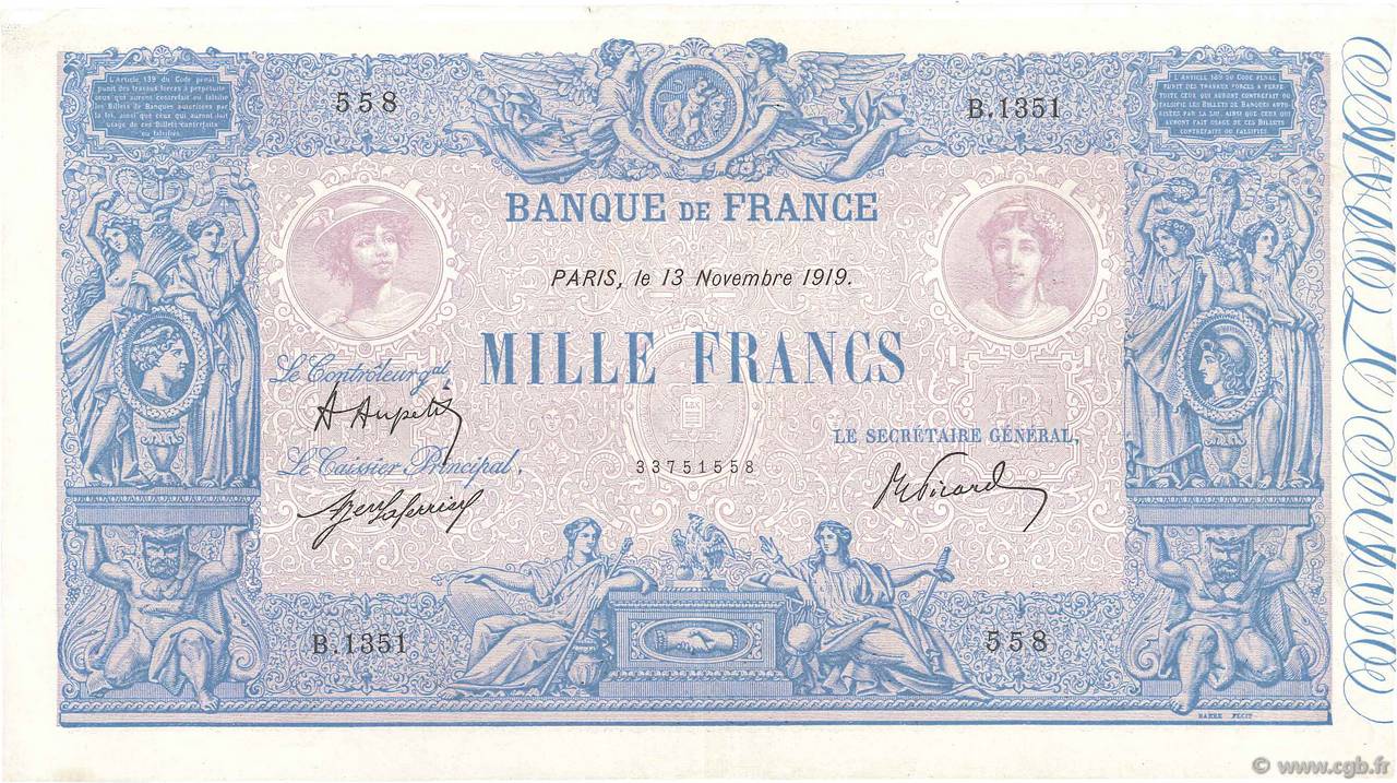 1000 Francs BLEU ET ROSE FRANCIA  1919 F.36.34 q.SPL