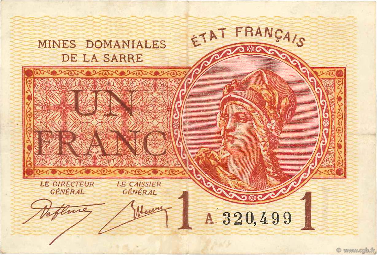 1 Franc MINES DOMANIALES DE LA SARRE FRANKREICH  1920 VF.51.01 SS