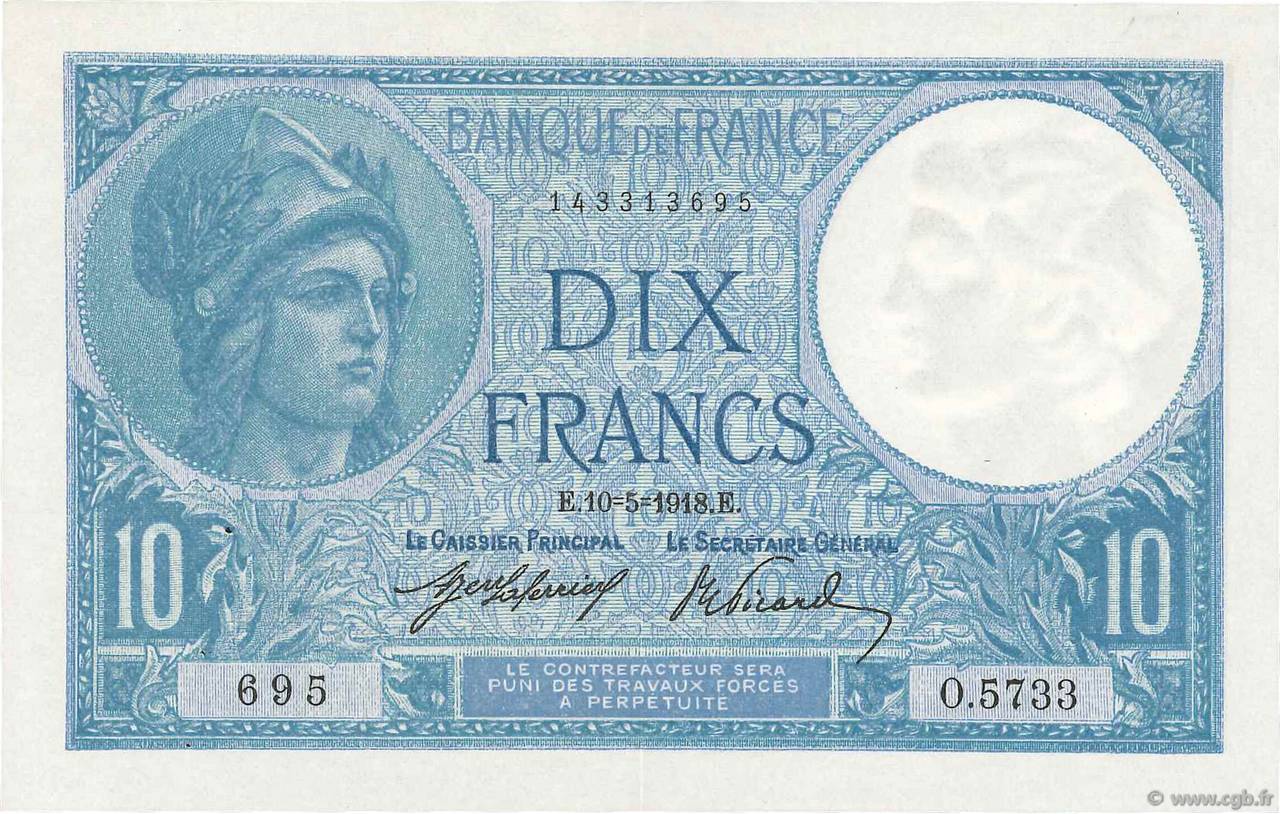 10 Francs MINERVE FRANCIA  1918 F.06.03 EBC+