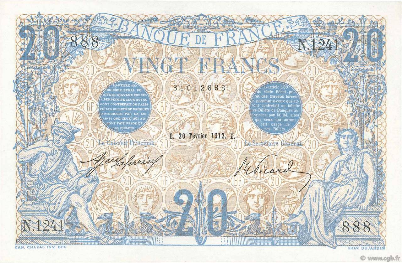 20 Francs BLEU FRANCE  1912 F.10.02 UNC-