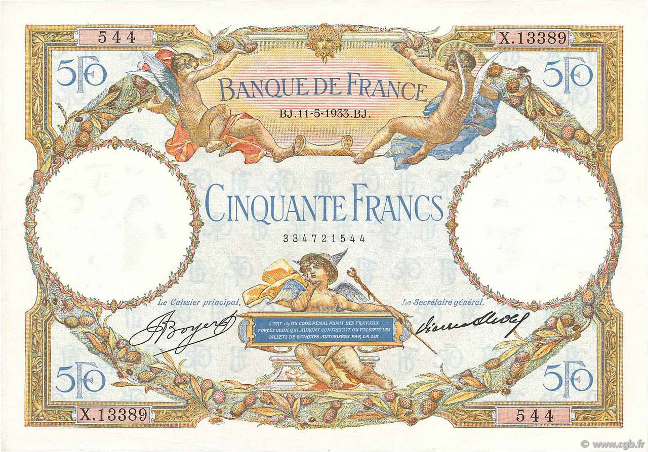 50 Francs LUC OLIVIER MERSON type modifié FRANCIA  1933 F.16.04 MBC a EBC