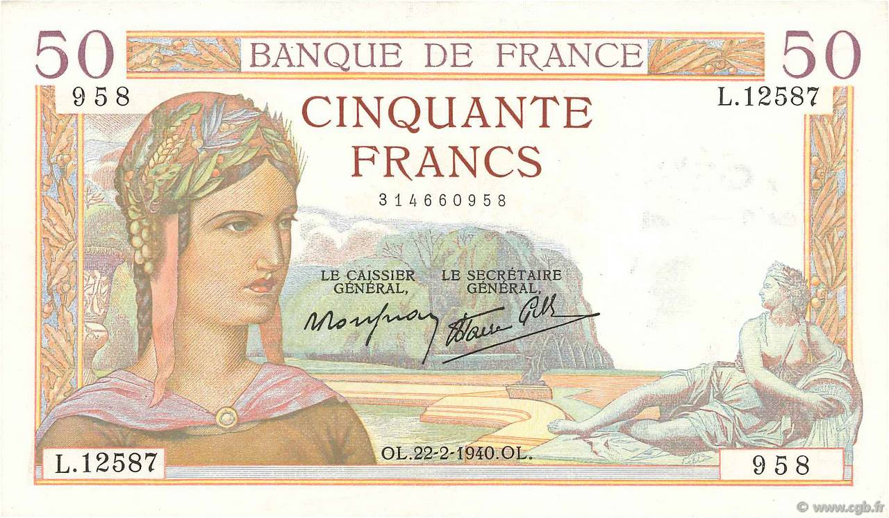 50 Francs CÉRÈS modifié FRANCIA  1940 F.18.39 SPL+