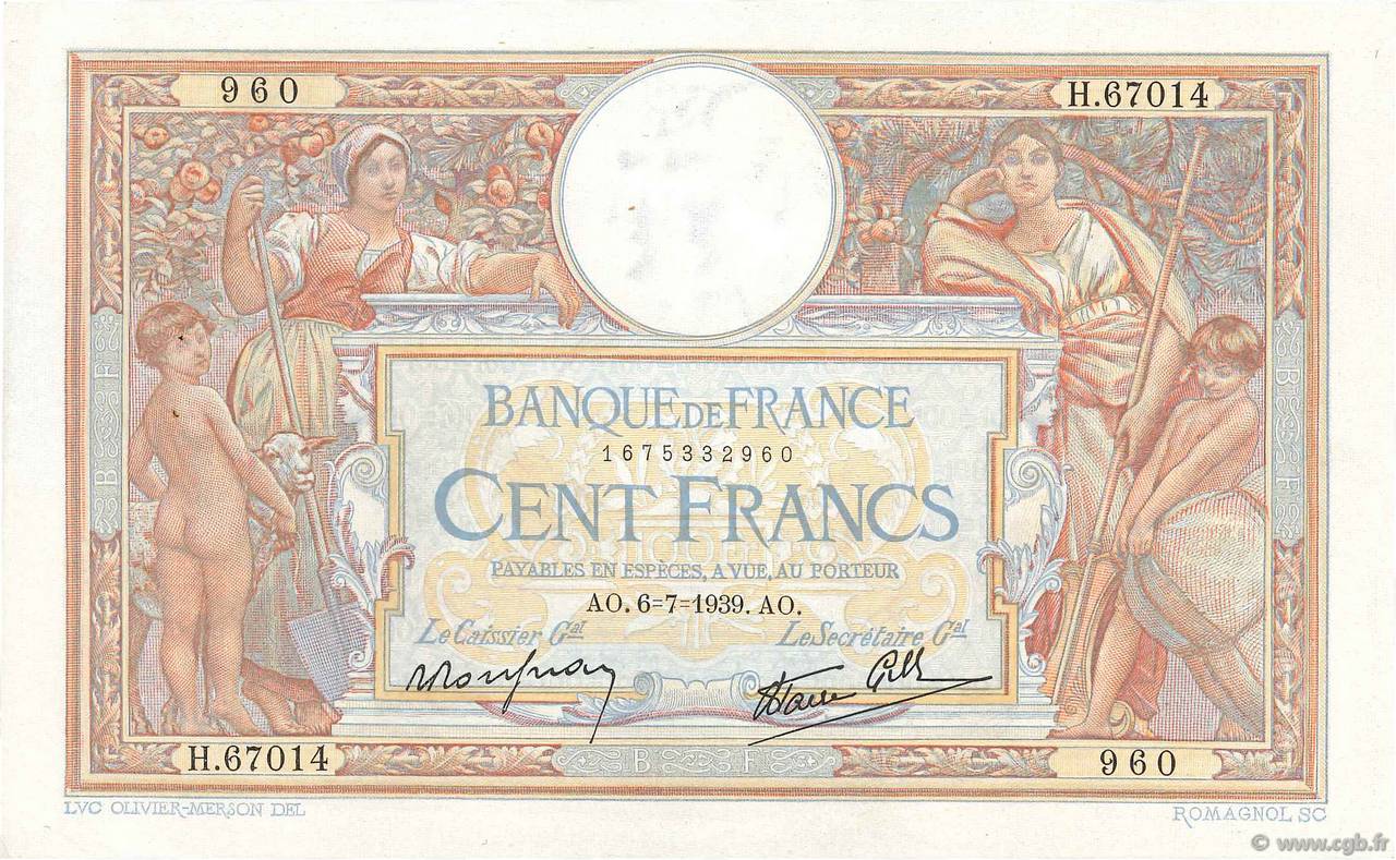 100 Francs LUC OLIVIER MERSON type modifié FRANCIA  1939 F.25.48 q.SPL