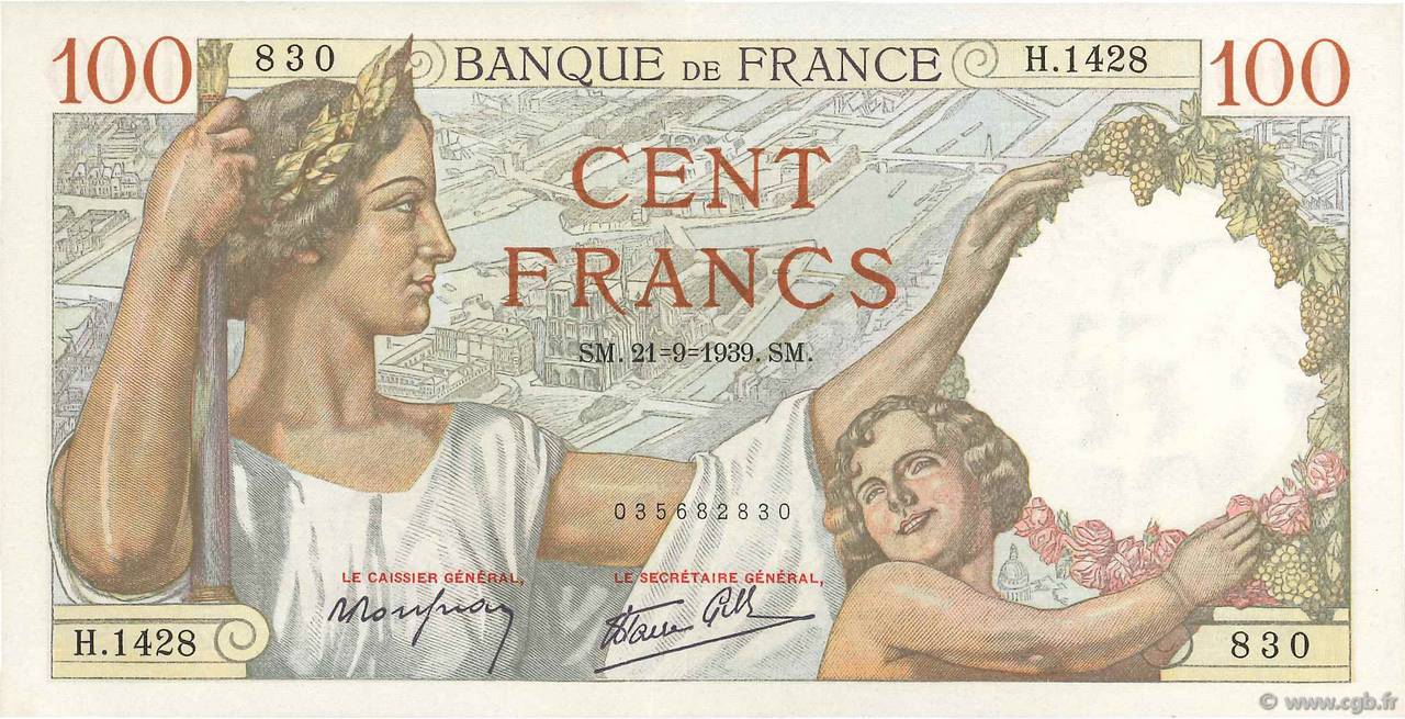 100 Francs SULLY FRANKREICH  1939 F.26.07 fST