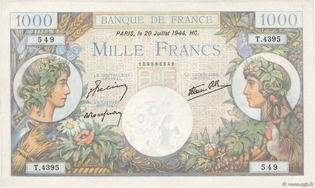 1000 Francs COMMERCE ET INDUSTRIE FRANCIA  1944 F.39.12 AU+