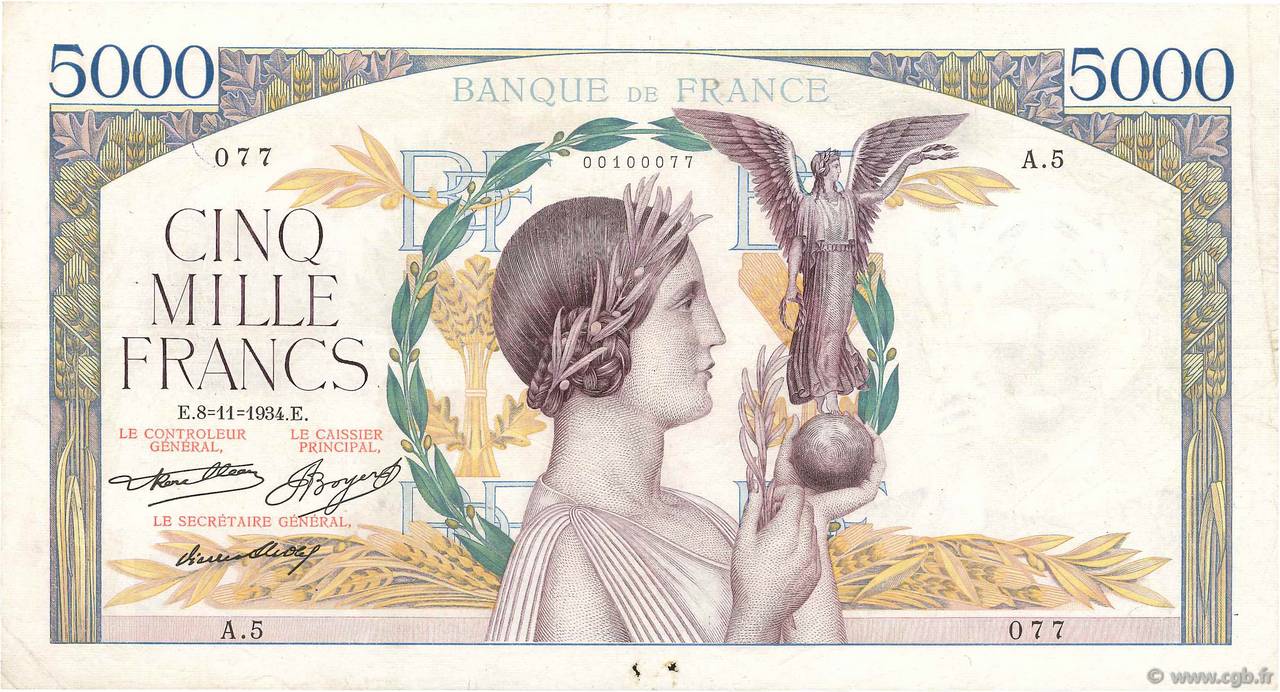 5000 Francs VICTOIRE FRANCE  1934 F.44.01 pr.TTB