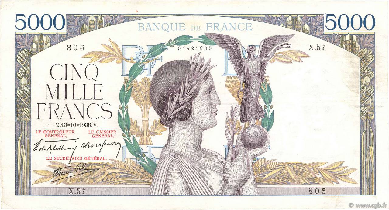 5000 Francs VICTOIRE modifié, taille douce FRANCIA  1938 F.45.01 MBC