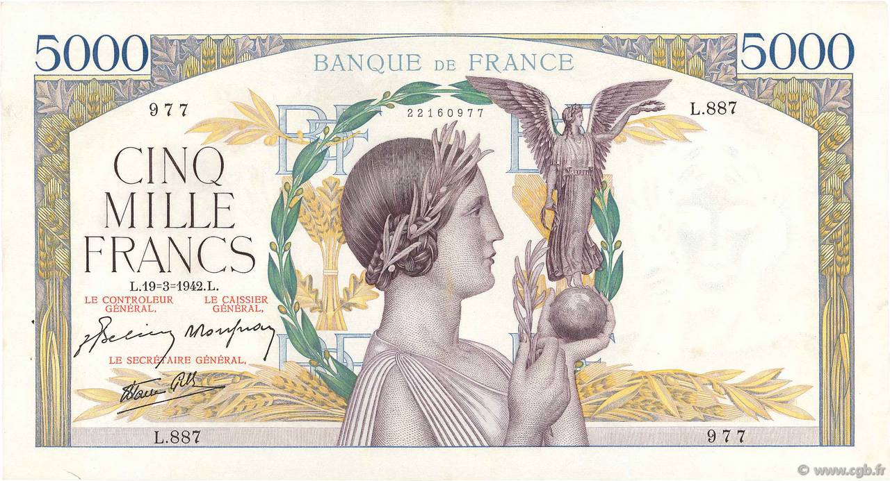5000 Francs VICTOIRE Impression à plat FRANKREICH  1942 F.46.35 VZ+