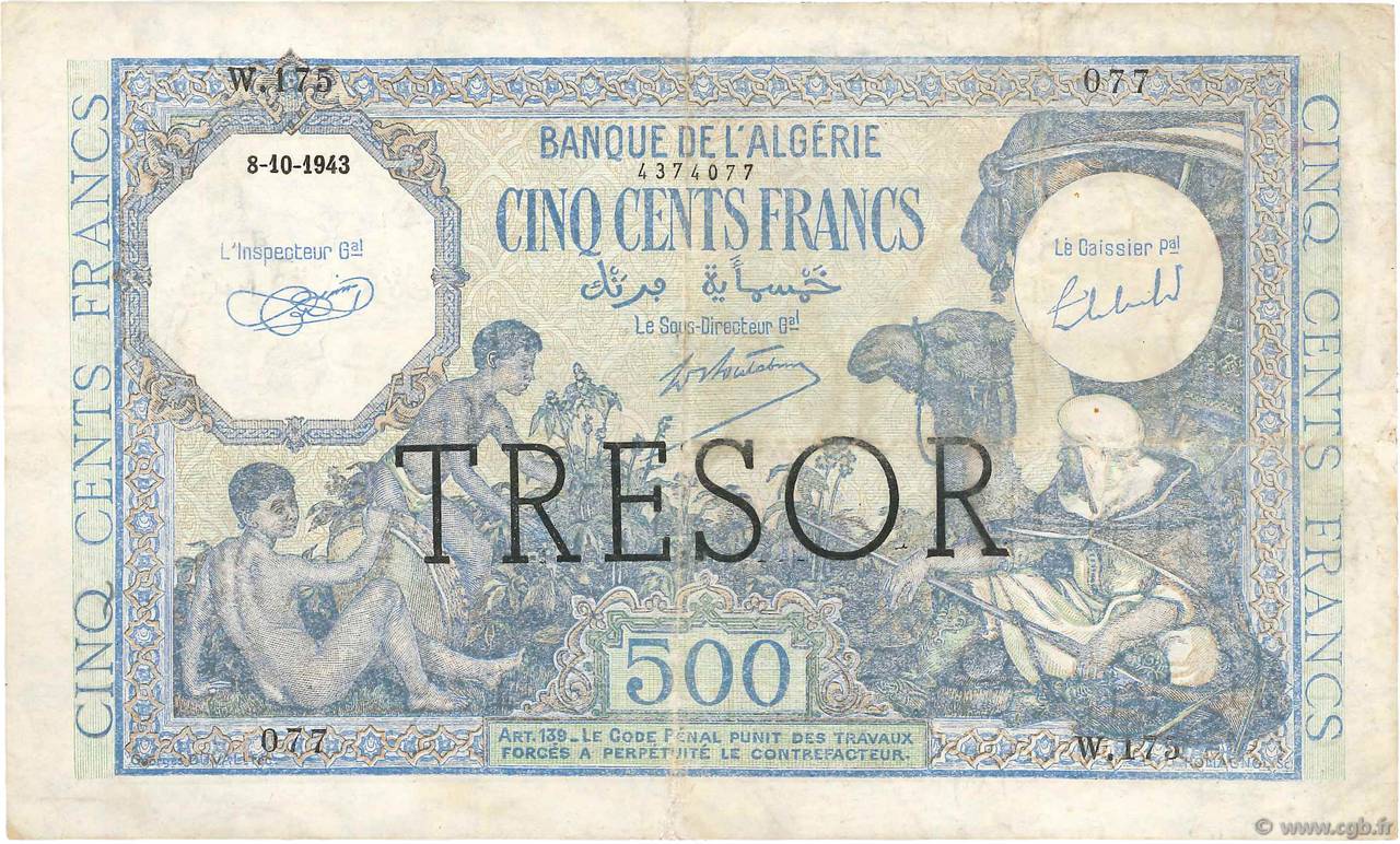 500 Francs ALGÉRIE Remplacement FRANCE  1943 VF.09.01 TTB
