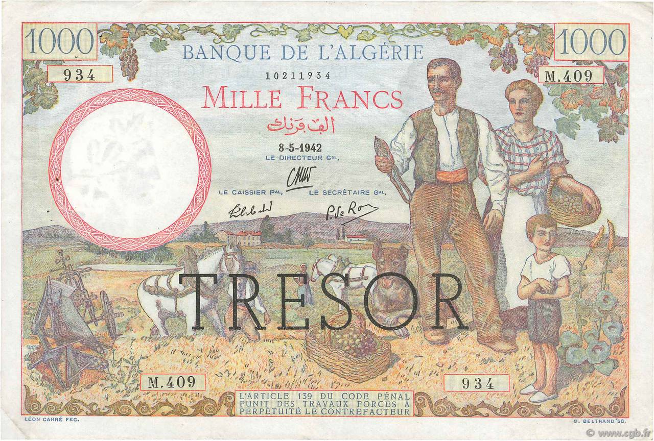 1000 Francs ALGÉRIE FRANCIA  1943 VF.10.01 MBC+