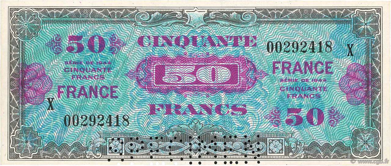 50 Francs FRANCE Spécimen FRANKREICH  1945 VF.24.04Sp fST+