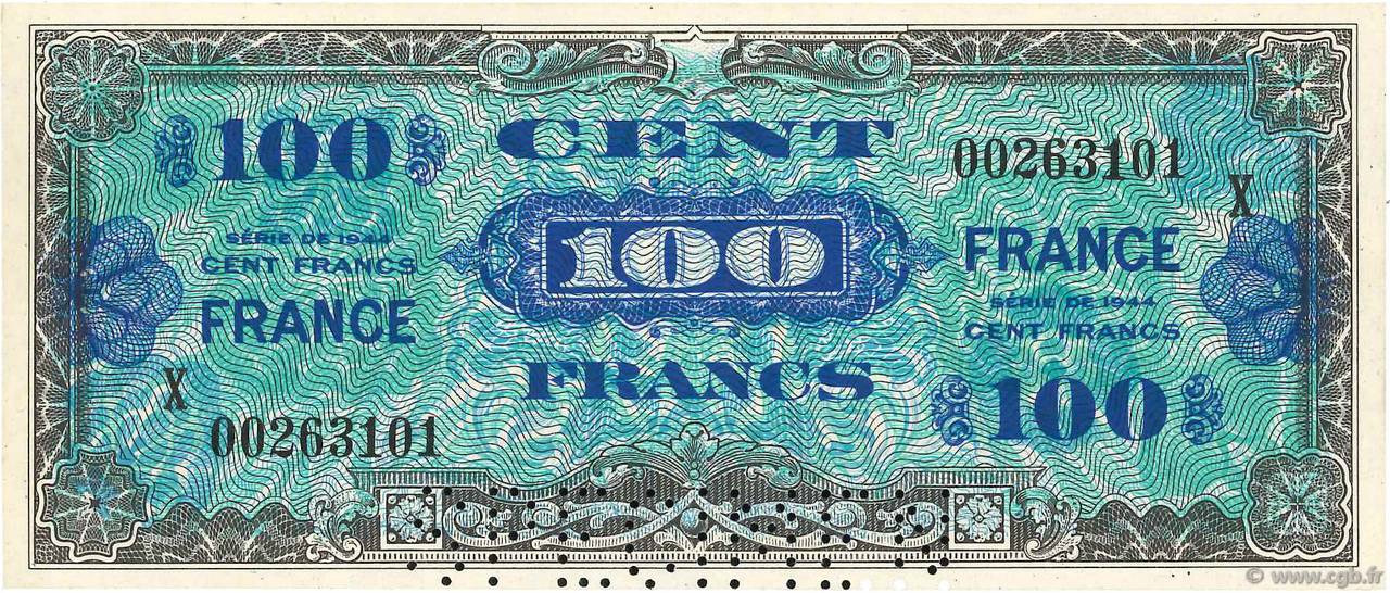 100 Francs FRANCE Spécimen FRANKREICH  1945 VF.25.11Sp fST+