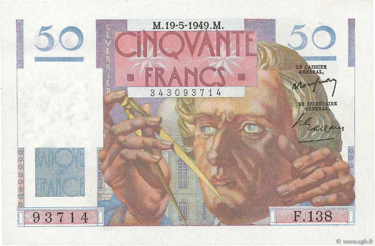 50 Francs LE VERRIER FRANCIA  1949 F.20.12 FDC