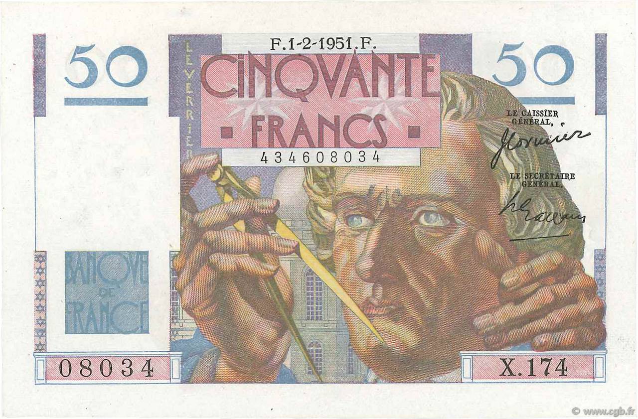 50 Francs LE VERRIER FRANCIA  1951 F.20.17 SC+