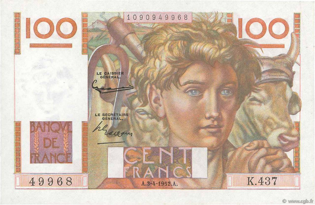 100 Francs JEUNE PAYSAN FRANCE  1952 F.28.32 SPL+