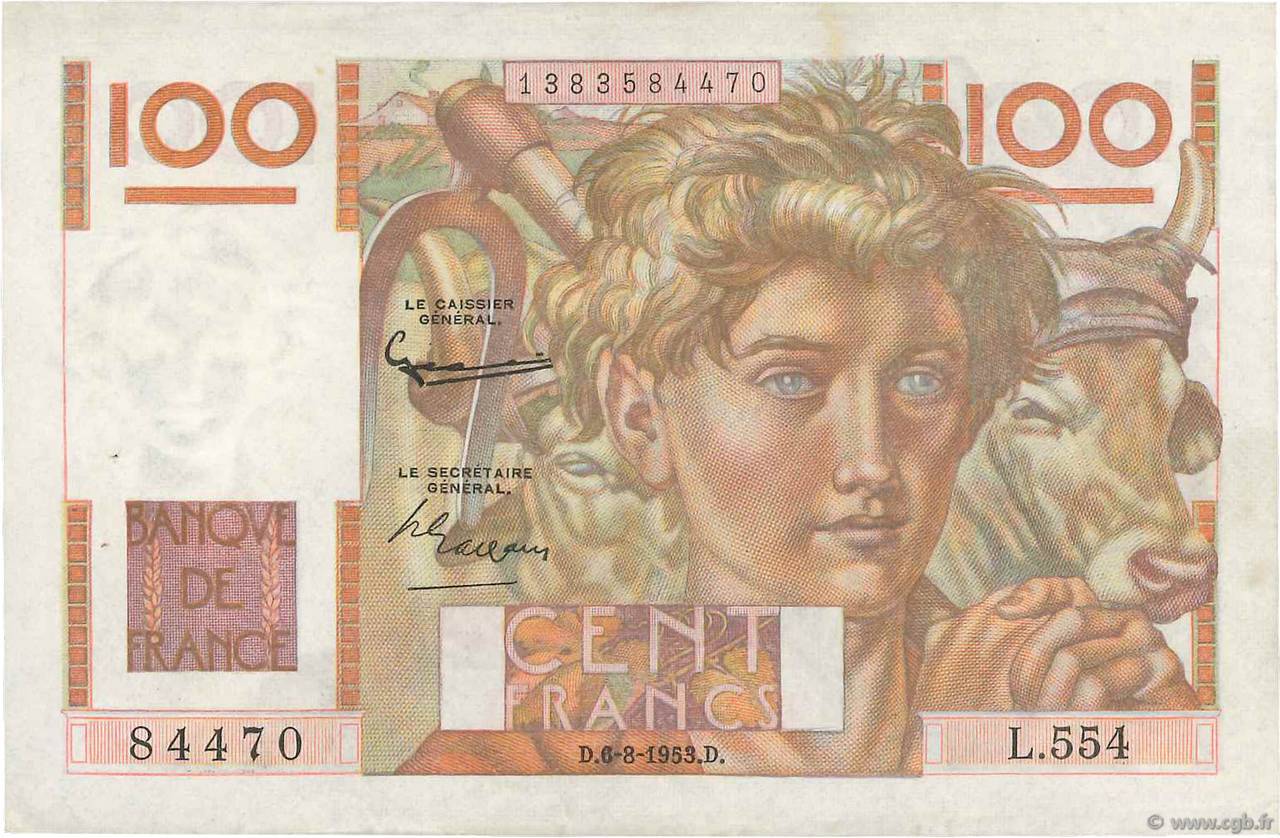 100 Francs JEUNE PAYSAN filigrane inversé FRANCIA  1952 F.28bis.02 SPL