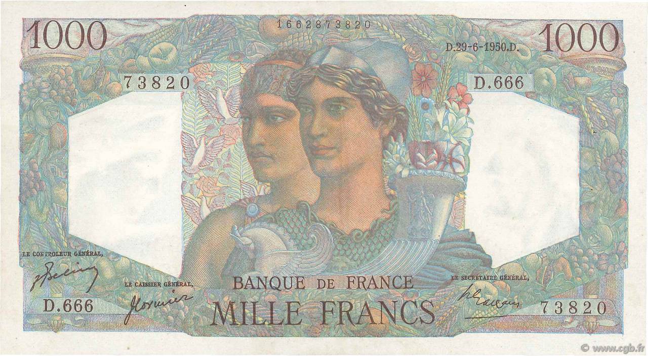 1000 Francs MINERVE ET HERCULE FRANCE  1950 F.41.33 pr.SPL
