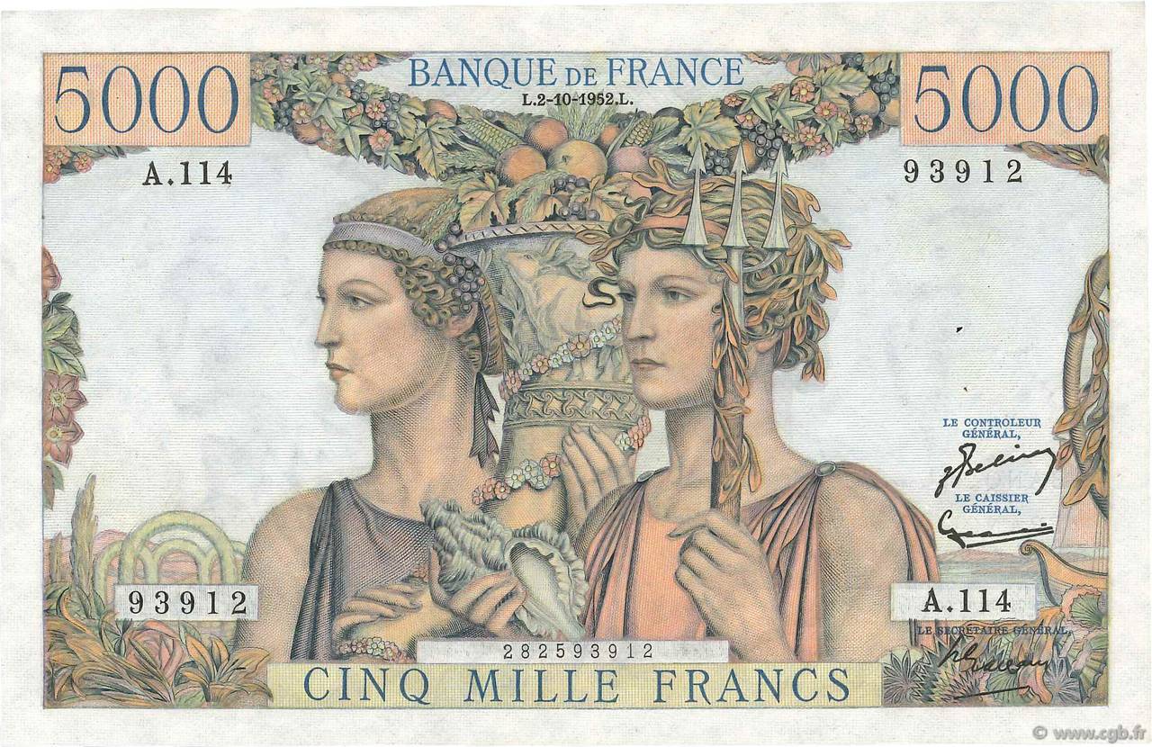 5000 Francs TERRE ET MER FRANCIA  1952 F.48.07 SPL