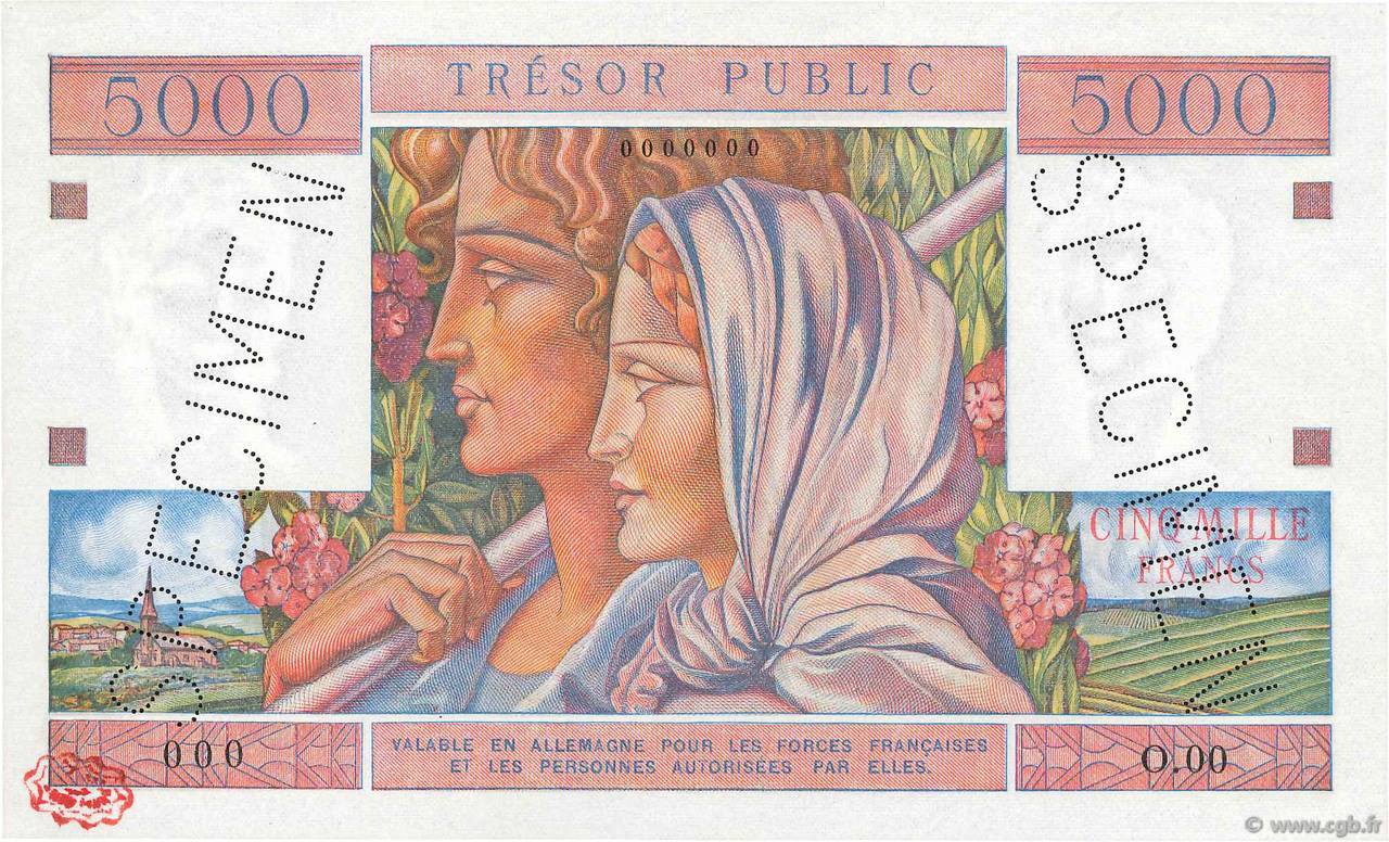 5000 Francs TRÉSOR PUBLIC Spécimen FRANKREICH  1955 VF.36.00Sp fST+