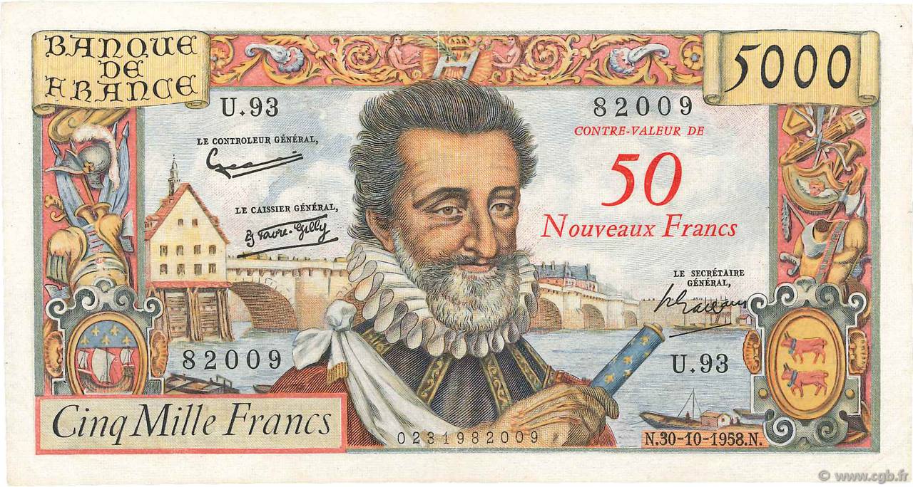 50 NF sur 5000 Francs HENRI IV FRANCIA  1958 F.54.01 BB