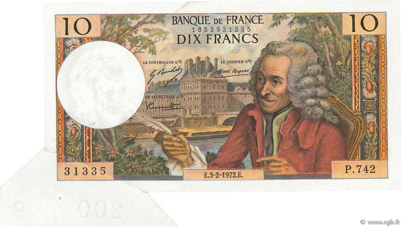 10 Francs VOLTAIRE Fauté FRANKREICH  1972 F.62.54 VZ