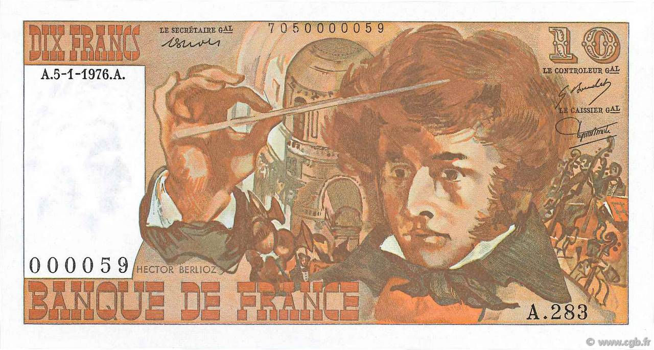 10 Francs BERLIOZ Petit numéro FRANCE  1976 F.63.17A283 UNC-